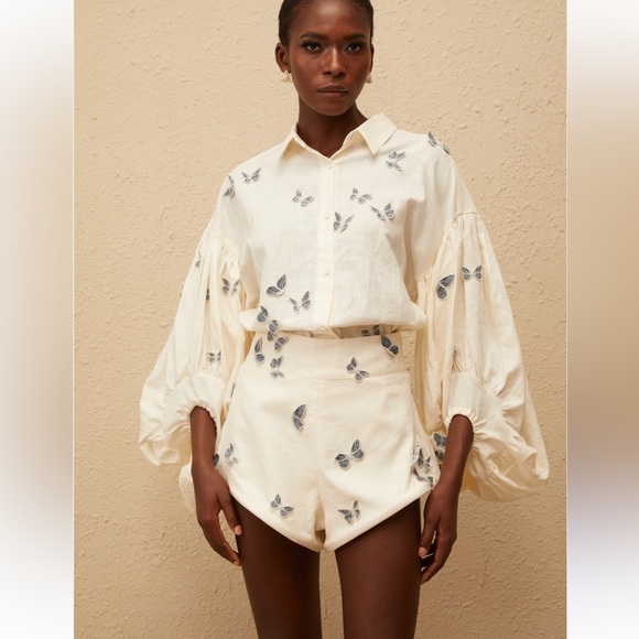Miss Rosier NWT Ophelia Cream Butterfly 3D Embroidered Shirt & Short Set XS